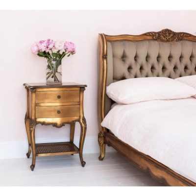 Bedside Cabinet - 2 Drawer - Rattan Shelf - Antique Gilt Range
