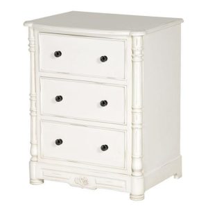 Bedside Cabinet - Carved Design -3 Drawer - French Antique White