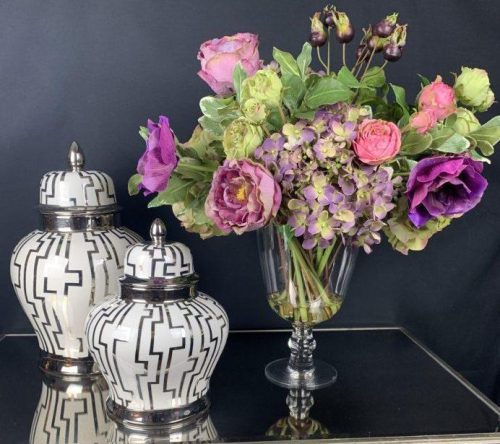 Flower Arrangement - Mixed Amethyst and Green Floral Display - Glass Urn Vase