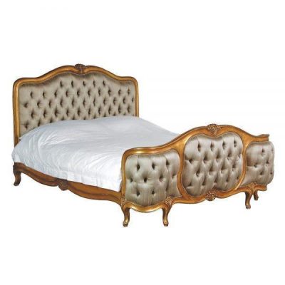 5ft King Size Bed - Silk Upholstered - Deep Buttoned - Antique Gilt Finish