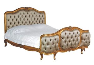 6ft Super King Size Bed - Silk Upholstered - Deep Buttoned - Antique Gilt Finish