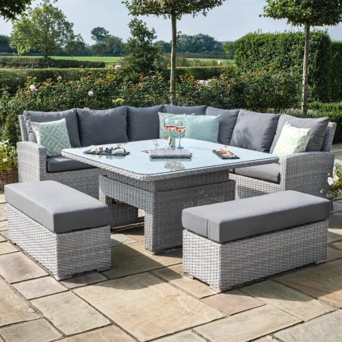 Garden Corner Sofa Dining Set - Rising Dining Ice Bucket Table - Grey Poly Weave