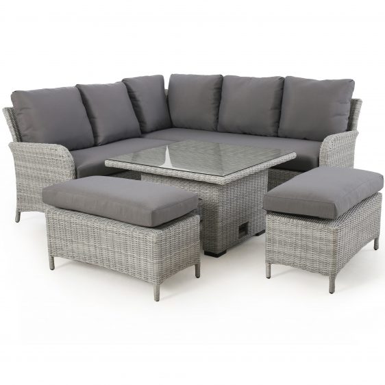 Garden Corner Sofa Dining Set - Rising Dining Table - Grey Poly Weave