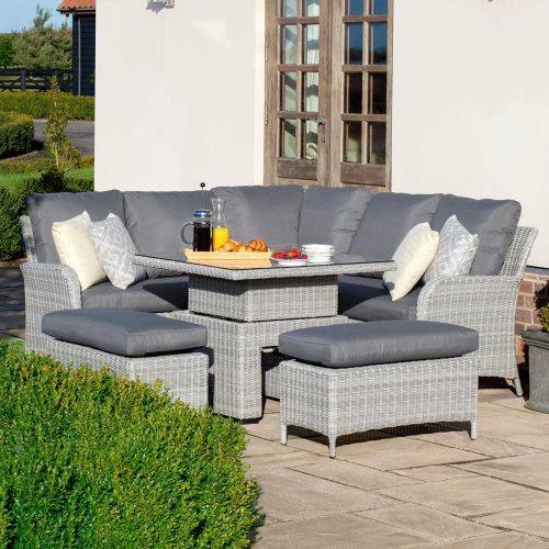 Garden Corner Sofa Dining Set - Rising Dining Table - Grey Poly Weave