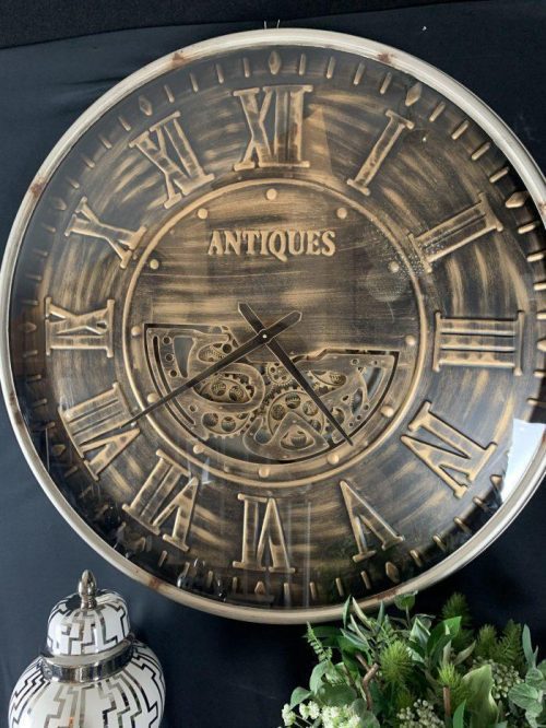 Wall Clock - Large Round Moving Gold Cogs Clock - Gold Finish