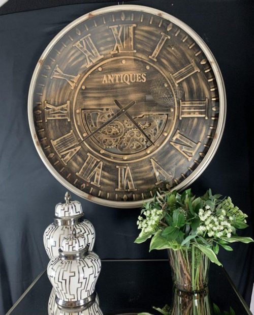 Wall Clock - Large Round Moving Gold Cogs Clock - Gold Finish