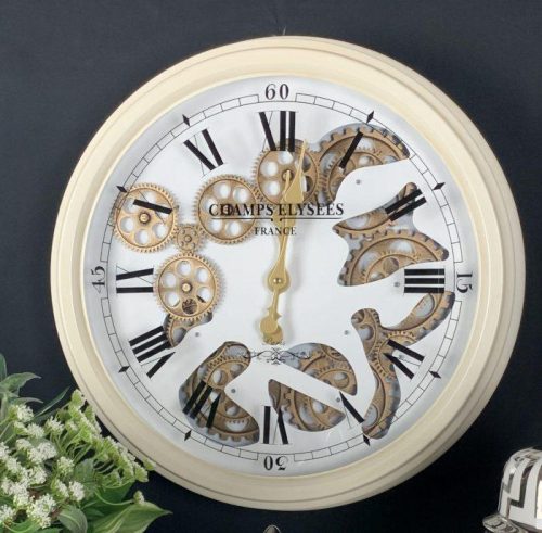 Wall Clock - Moving Center Cogs - Round Designer Wall Clock - Cream Finish