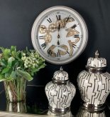 Wall Clock - Moving Center Cogs - Round Designer Wall Clock - Pewter Finish