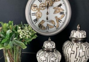 Wall Clock - Moving Center Cogs - Round Designer Wall Clock - Pewter Finish