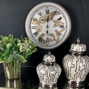 Wall Clock - Moving Center Cogs - Round Designer Wall Clock - Pewter Finish