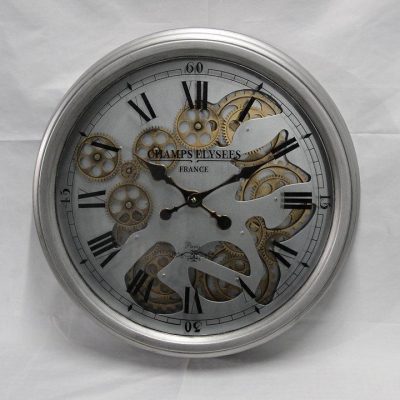 Wall Clock – Moving Gold Centre Cogs – Silver Surround Finish