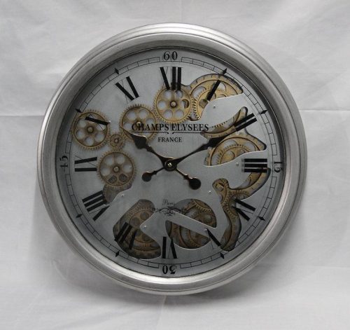 Wall Clock - Moving Gold Centre Cogs - Silver Surround Finish