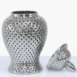 Small Ginger Jar - Silver Ceramic Filigree Design Shaped Lidded Jar