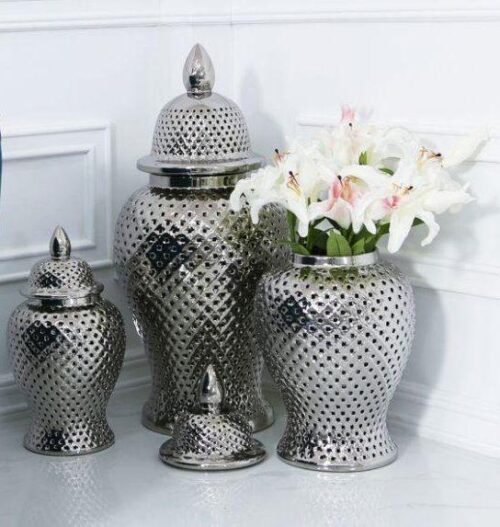 Ginger Jar - Silver Ceramic Filigree Design - Shaped Lidded Jar - Medium