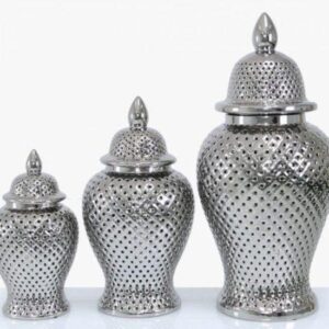 Large Ginger Jar - Silver Ceramic Filigree Design Shaped Lidded Jar