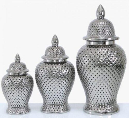 Ginger Jar - Silver Ceramic Filigree Design - Shaped Lidded Jar - Medium