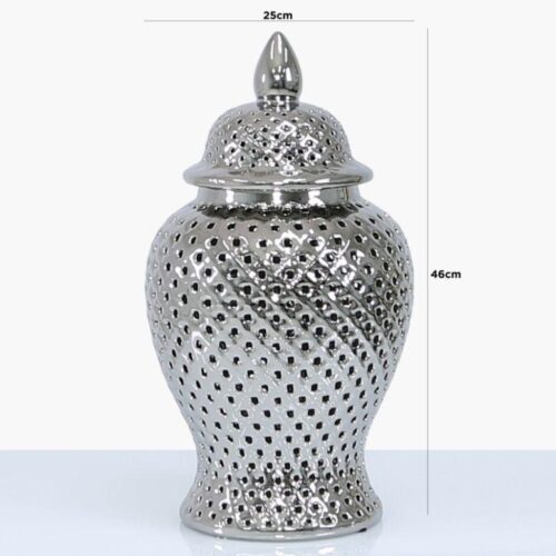 Small Ginger Jar - Silver Ceramic Filigree Design Shaped Lidded Jar