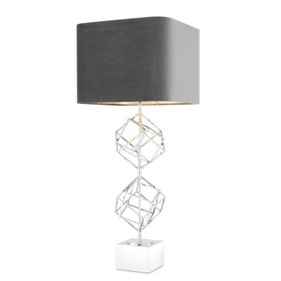 Table Lamp - Sculptured Squares Chrome Base - Grey Square Velvet Shade