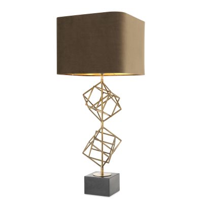 Table Lamp - Sculptured Squares Brass Base - Brown Square Velvet Shade