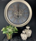 Wall Clock - Large Round Central Moving Cogs - Champagne Silver Finish