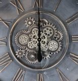 Wall Clock - Large Round Central Moving Cogs - Champagne Silver Finish