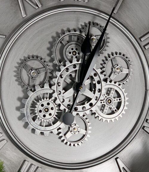 Wall Clock - Round Central Moving Cogs - Champagne Silver Finish