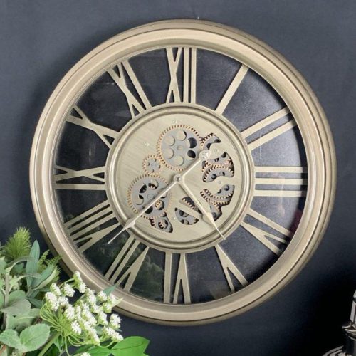 Wall Clock – Round Central Moving Cogs – Champagne Silver Finish
