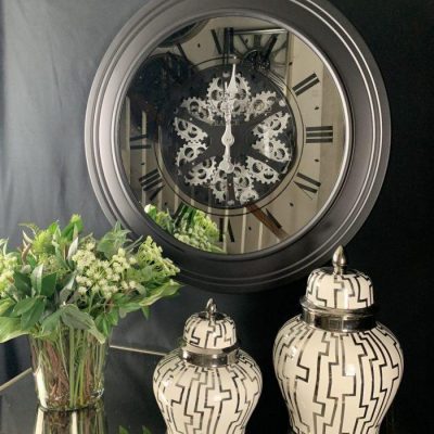 Wall Clock ‘Champs Elysee’ – Moving Cogs – Mirror & Black Finish