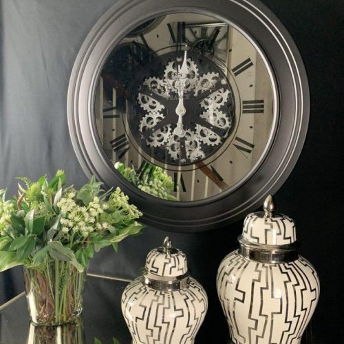 Wall Clock ‘Champs Elysee’ – Moving Cogs – Mirror & Black Finish