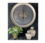 Wall Clock - Large Round Central Moving Cogs - Champagne Silver Finish