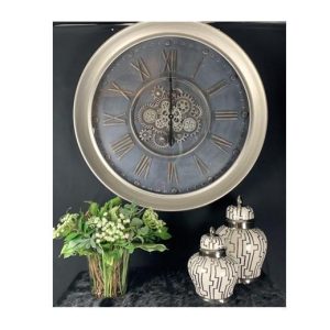 Wall Clock - Large Round Central Moving Cogs - Champagne Silver Finish