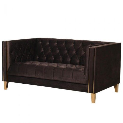 2 Seater Sofa - Deep Buttoned Chocolate Velvet - Polish Brass Finish Feet