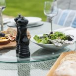 6 Seat Oval Garden Dining Table Set - Inset Ice Bucket - Umbrella - Grey Polyrattan