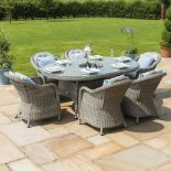 6 Seat Oval Garden Dining Table Set - Inset Ice Bucket - Umbrella - Grey Polyrattan