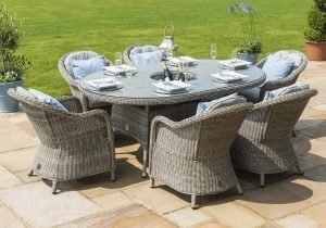 6 Seat Oval Garden Dining Table Set - Inset Ice Bucket - Umbrella - Grey Polyrattan