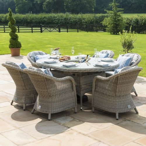 6 Seat Oval Garden Dining Table Set - Inset Ice Bucket - Umbrella - Grey Polyrattan