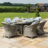 6 Seat Oval Garden Dining Table Set - Inset Ice Bucket - Umbrella - Grey Polyrattan