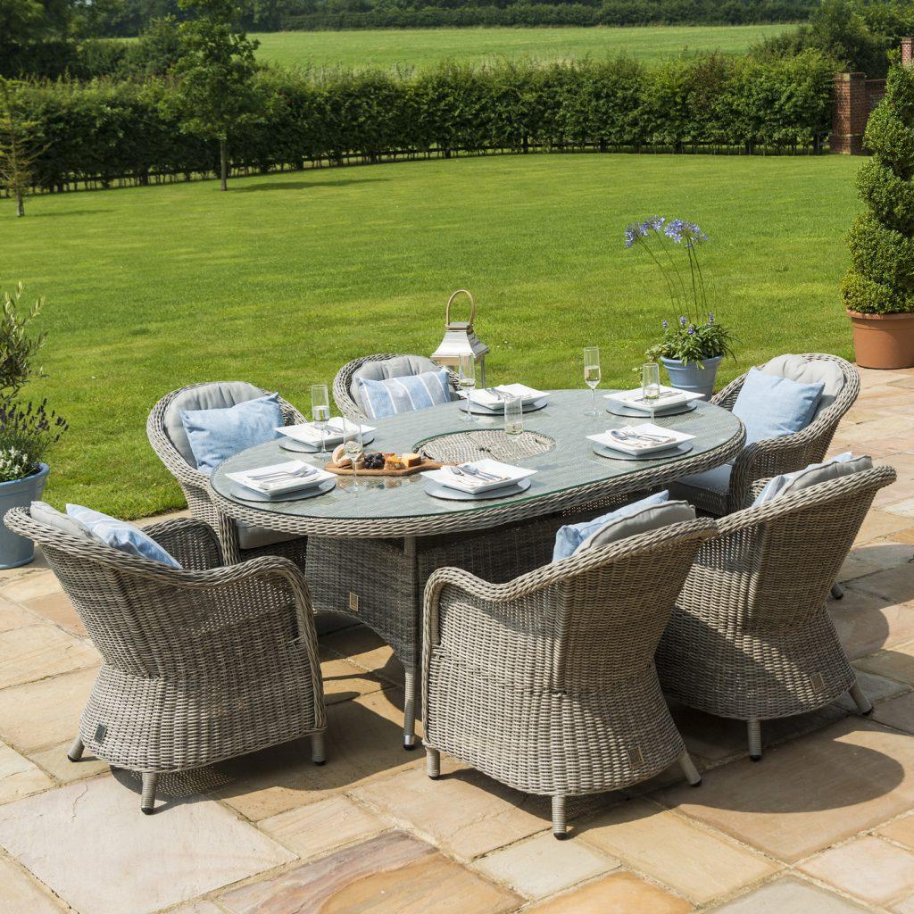 6 Seat Oval Garden Dining Table - Ice Bucket - Umbrella - Grey Polyrattan