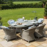 6 Seat Oval Garden Dining Table Set - Inset Ice Bucket - Umbrella - Grey Polyrattan