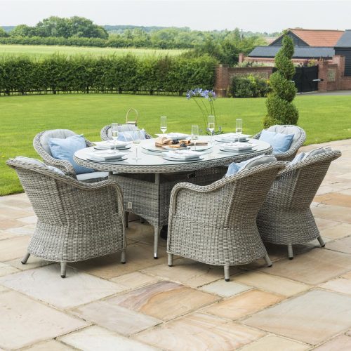 6 Seat Oval Garden Dining Table Set - Inset Ice Bucket - Umbrella - Grey Polyrattan