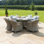 6 Seat Oval Garden Dining Table Set - Inset Ice Bucket - Umbrella - Grey Polyrattan