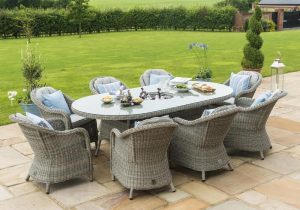 8 Seat Oval Garden Dining Table Set - Inset Ice Bucket - Umbrella - Grey Polyweave