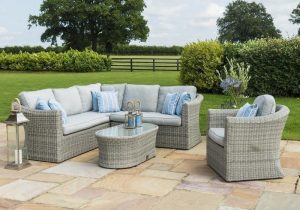 7 Seat Corner Garden Sofa Set - Coffee Table - Chair - Large - Grey Poly Rattane Table - Chair - Grey Poly Rattan