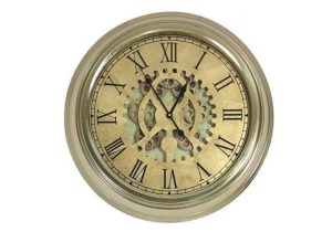 Wall Clock - Moving Center Cogs - Gold Parchment Design - Gold Surround