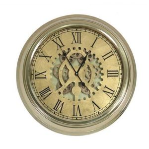 Wall Clock - Moving Center Cogs - Gold Parchment Design - Gold Surround