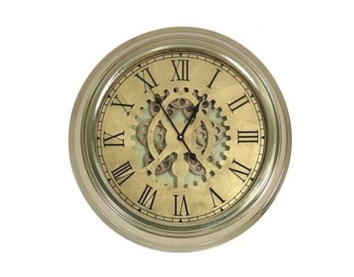 Wall Clock - Moving Center Cogs - Gold Parchment Design - Gold Surround