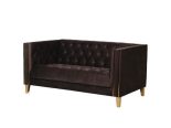 2 Seater Sofa - Deep Buttoned Chocolate Velvet - Polish Brass Finish Feet