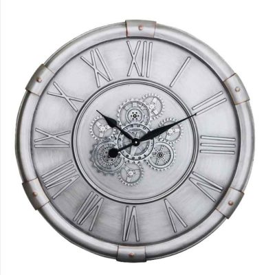 Wall Clock – Round – Central Moving Cogs – Silver Finish