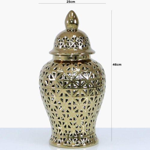 Small Ginger Jar - Gold Ceramic Filigree Design Shaped Lidded Jar