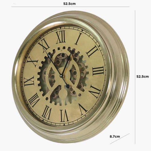 Wall Clock - Moving Center Cogs - Gold Parchment Design - Gold Surround